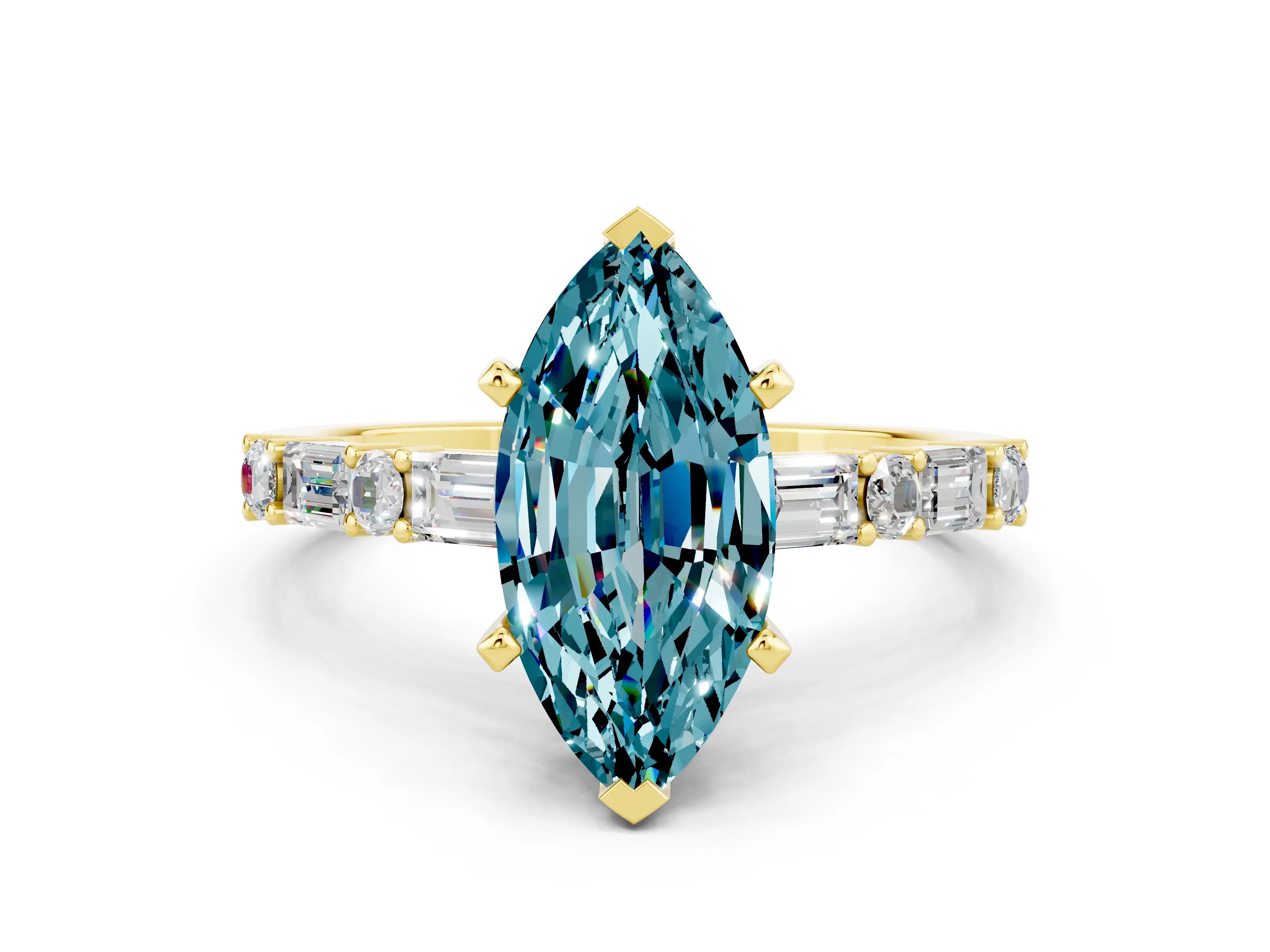 Yellow gold Marquise Cut Blue Topaz Solitaire with Side Baguettes and Channel Set Band