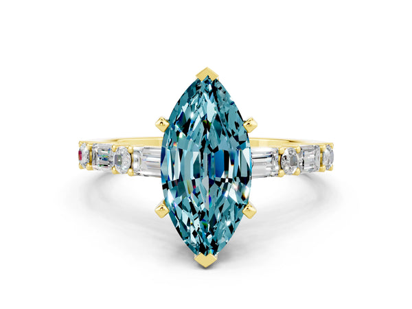 Yellow gold Marquise Cut Blue Topaz Solitaire with Side Baguettes and Channel Set Band