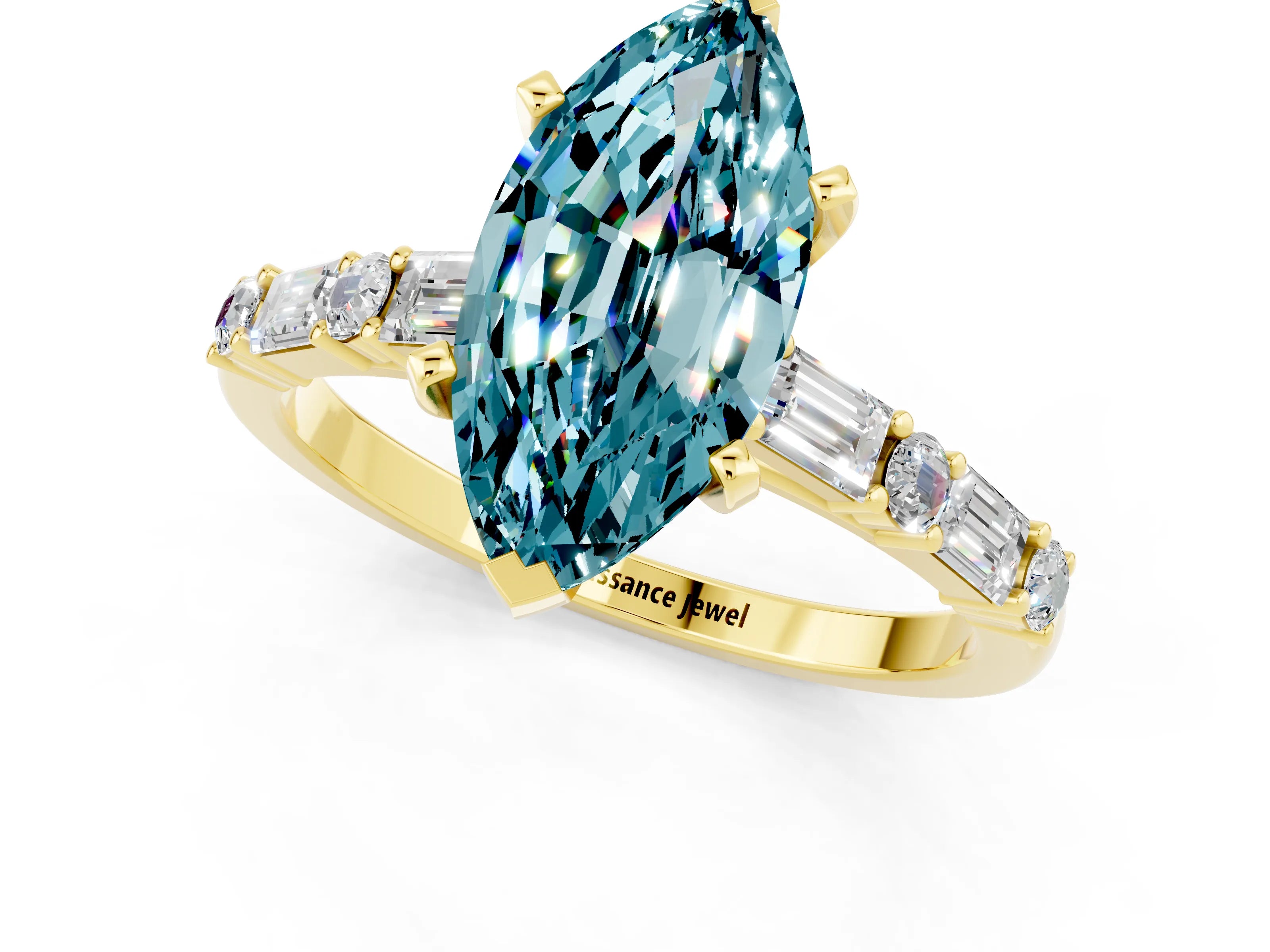 Yellow gold Marquise Cut Blue Topaz Solitaire with Side Baguettes and Channel Set Band_1