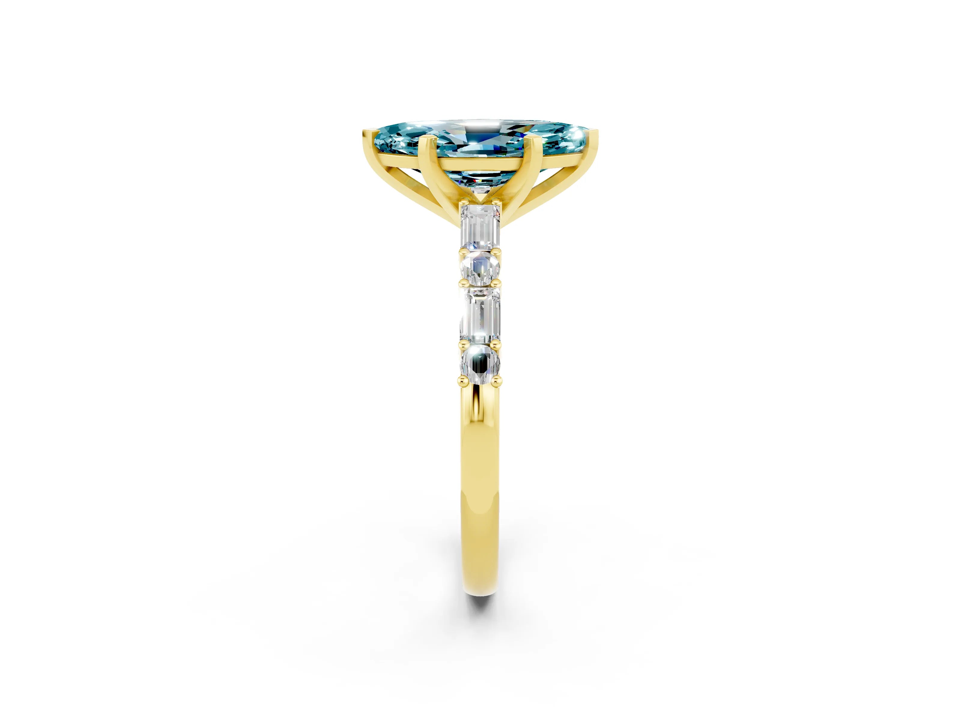 Yellow gold Marquise Cut Blue Topaz Solitaire with Side Baguettes and Channel Set Band_2