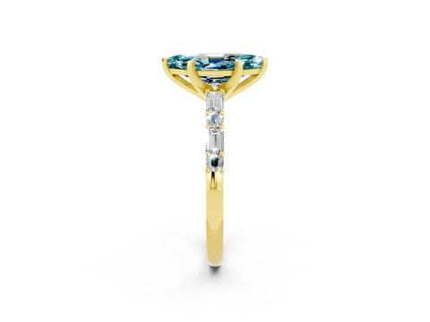 Yellow gold Marquise Cut Blue Topaz Solitaire with Side Baguettes and Channel Set Band_2