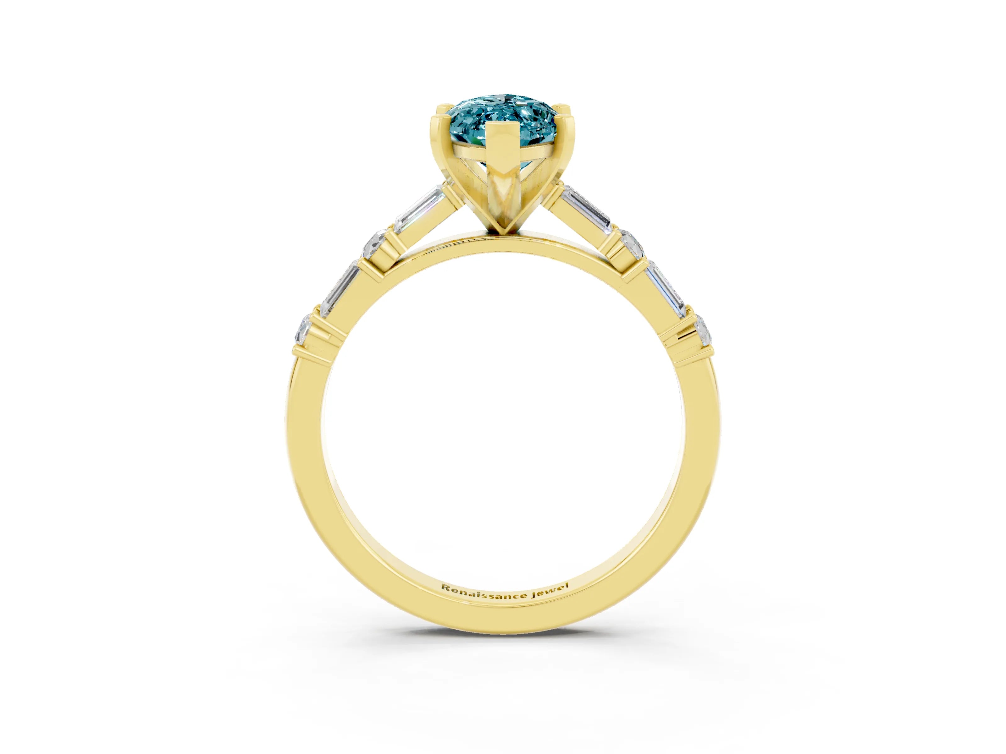 Yellow gold Marquise Cut Blue Topaz Solitaire with Side Baguettes and Channel Set Band_3