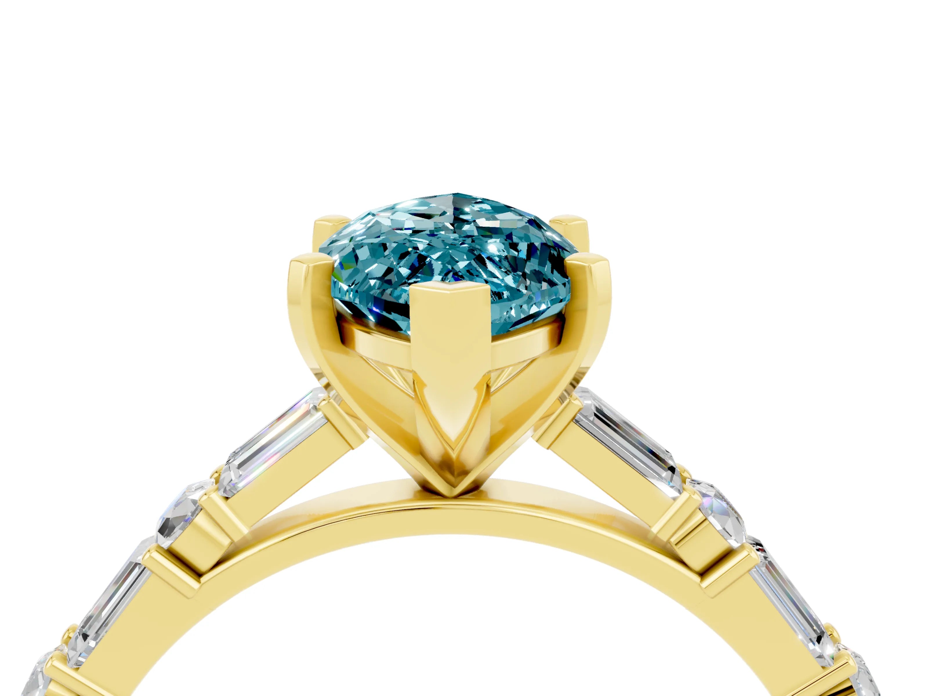 Yellow gold Marquise Cut Blue Topaz Solitaire with Side Baguettes and Channel Set Band_4