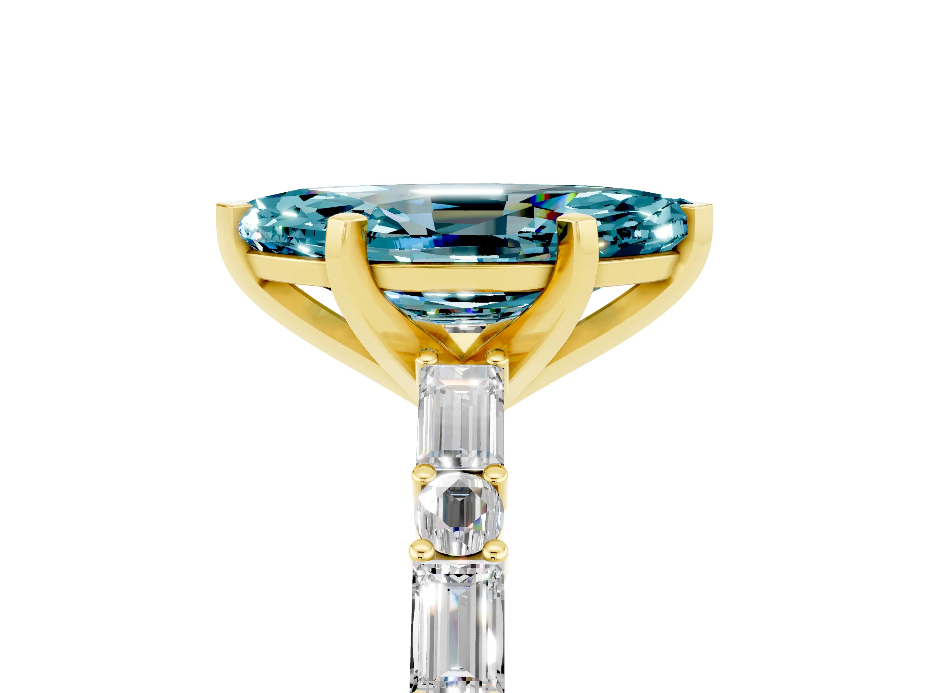 Yellow gold Marquise Cut Blue Topaz Solitaire with Side Baguettes and Channel Set Band_5