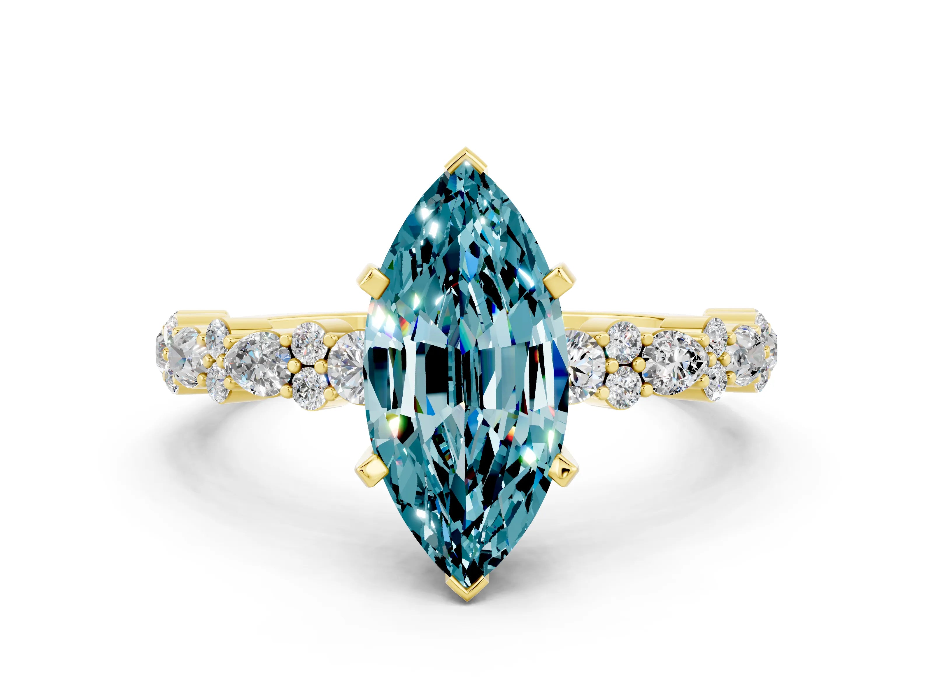 Yellow gold Marquise Cut Blue Topaz Solitaire with Side Stones, Pave Band, Four-Prong Setting_24