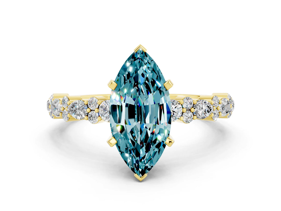 Yellow gold Marquise Cut Blue Topaz Solitaire with Side Stones, Pave Band, Four-Prong Setting_24