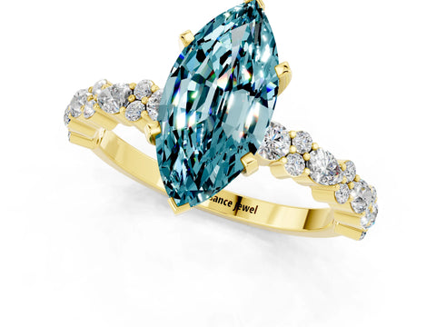 Yellow gold Marquise Cut Blue Topaz Solitaire with Side Stones, Pave Band, Four-Prong Setting_25