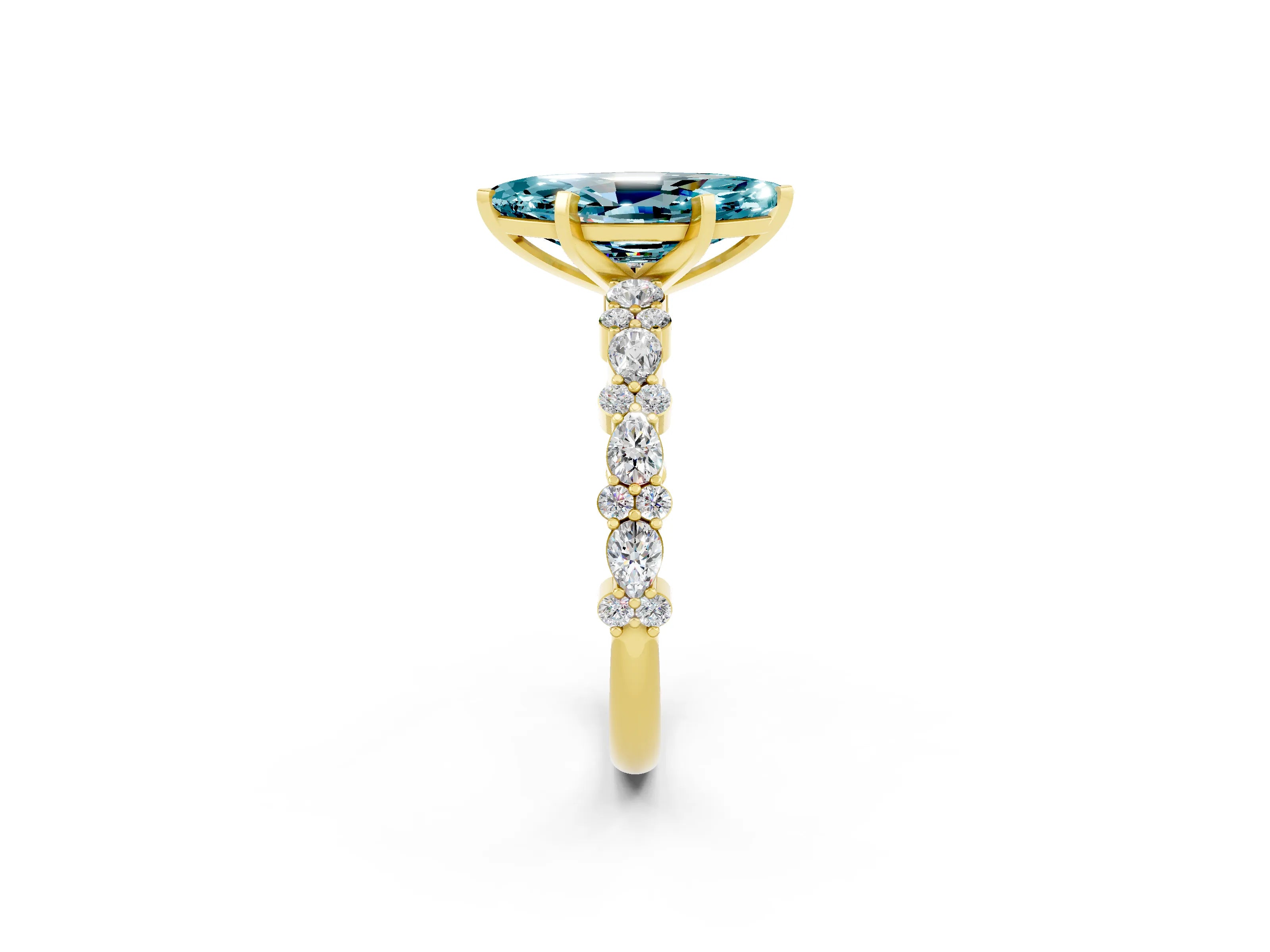 Yellow gold Marquise Cut Blue Topaz Solitaire with Side Stones, Pave Band, Four-Prong Setting_26