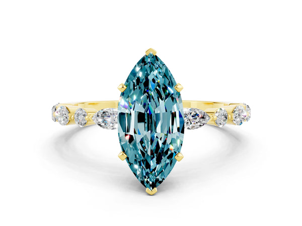 Yellow gold Marquise Cut Blue Topaz Ring with Marquise and Round  Side Stones and Four-Prong Setting