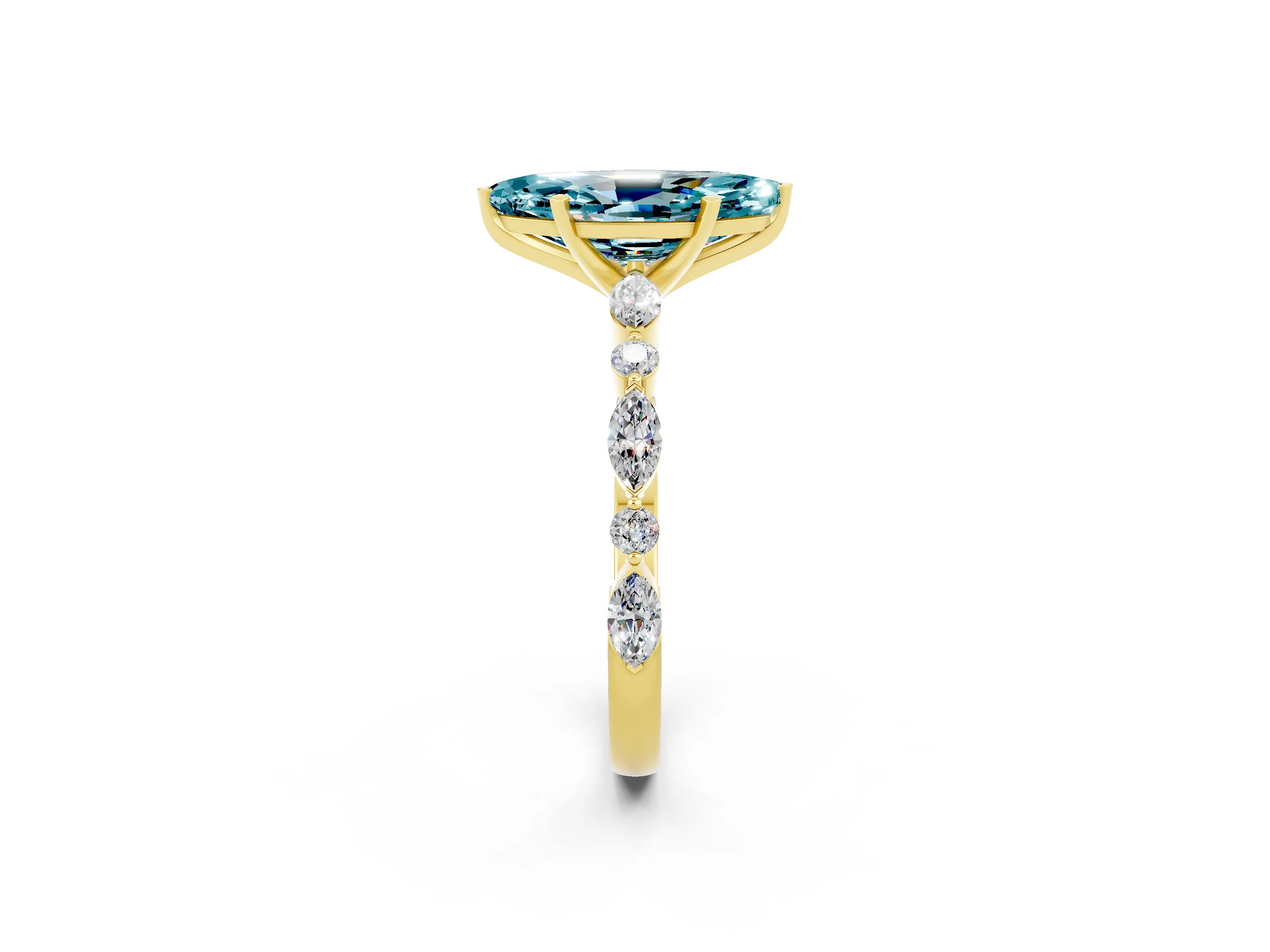 Yellow gold Marquise Cut Blue Topaz Solitaire with Side Stones on a Pavé Band and Four-Prong Setting_2