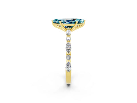 Yellow gold Marquise Cut Blue Topaz Solitaire with Side Stones on a Pavé Band and Four-Prong Setting_2