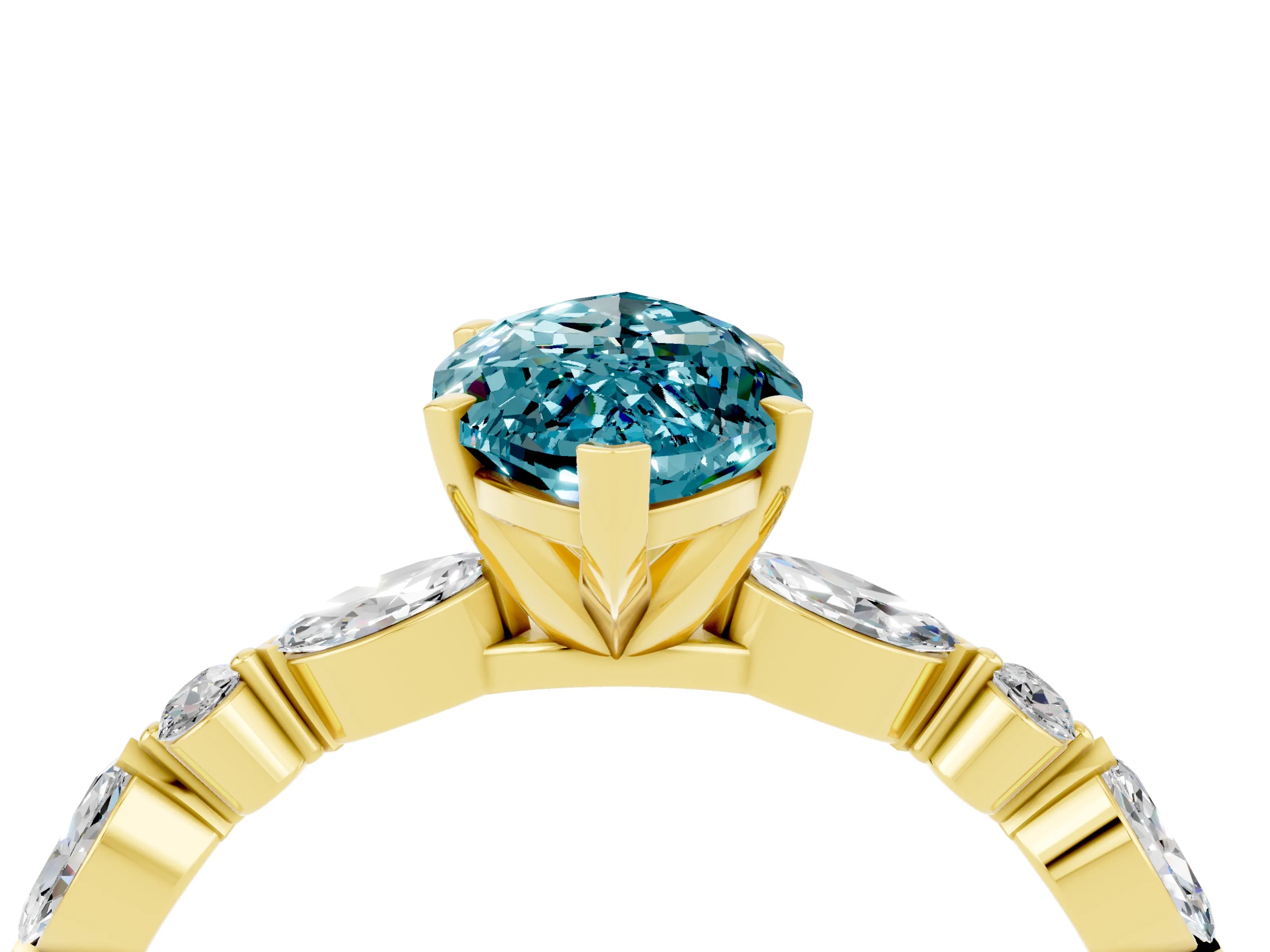 Yellow gold Marquise Cut Blue Topaz Solitaire with Side Stones on a Pavé Band and Four-Prong Setting_4