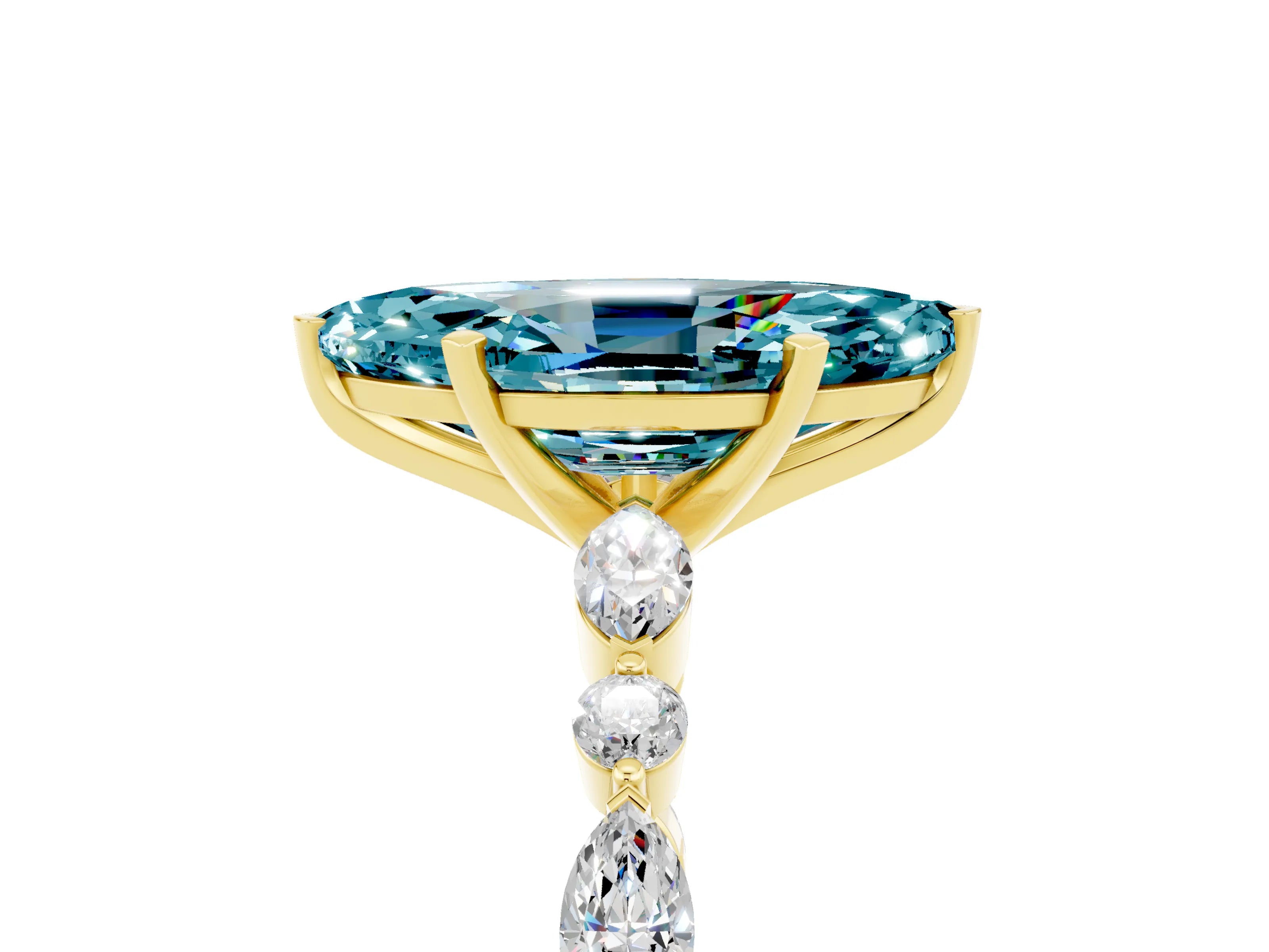Yellow gold Marquise Cut Blue Topaz Solitaire with Side Stones on a Pavé Band and Four-Prong Setting_5
