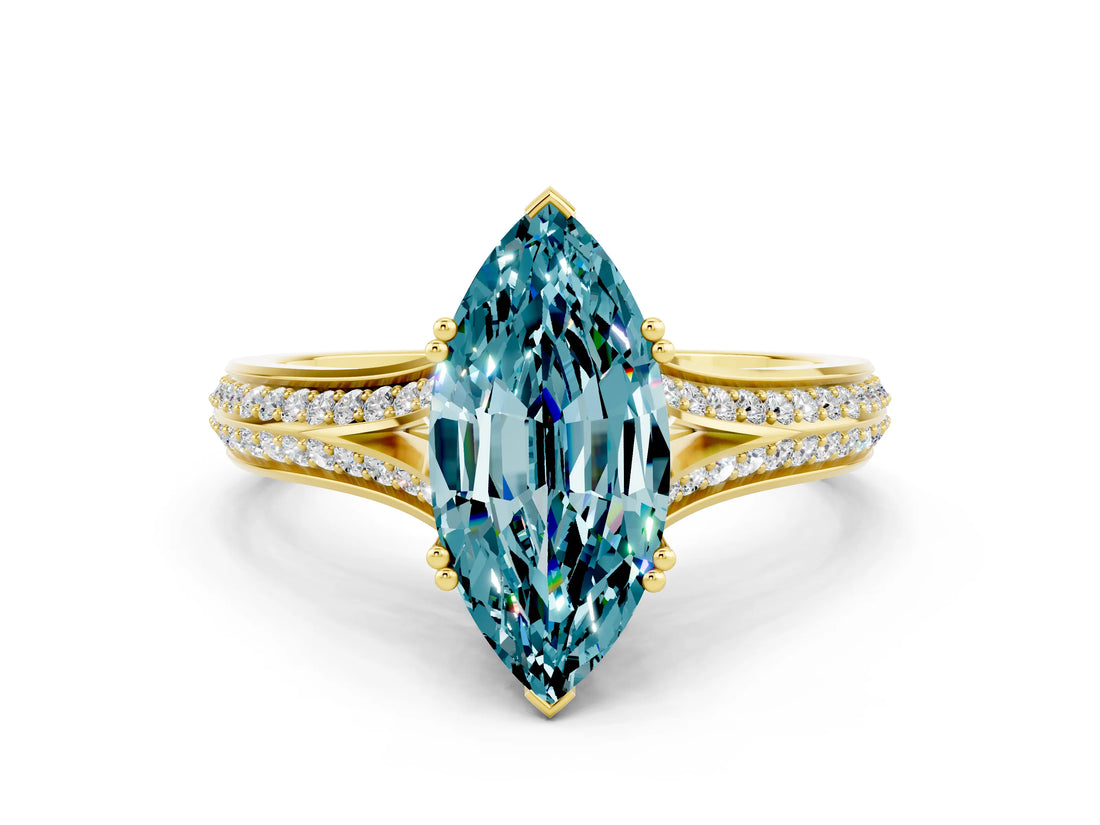 Yellow gold Marquise Cut Blue Topaz Split Shank Engagement Ring with Pavé Band
