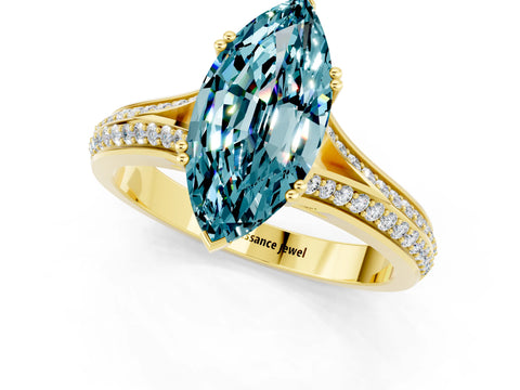 Yellow gold Marquise Cut Blue Topaz Split Shank Engagement Ring with Pavé Band_1