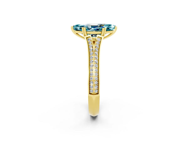 Yellow gold Marquise Cut Blue Topaz Split Shank Engagement Ring with Pavé Band