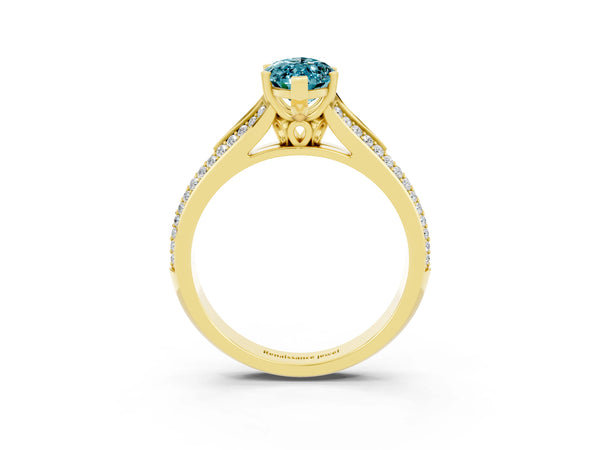 Yellow gold Marquise Cut Blue Topaz Split Shank Engagement Ring with Pavé Band