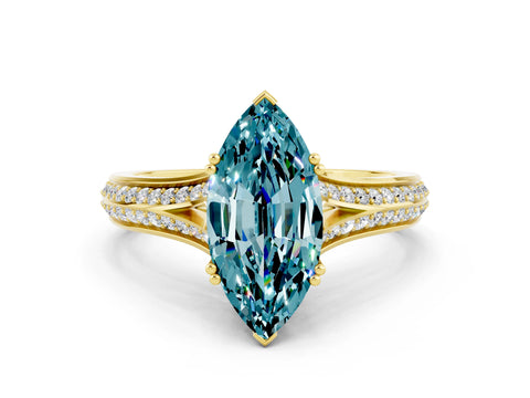 Yellow gold Marquise Cut Blue Topaz Split Shank Engagement Ring with Pavé Band