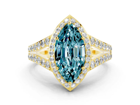 Yellow gold Marquise Cut Blue Topaz Split Shank Halo Ring with Four-Prong Setting_12