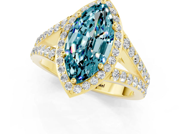 Yellow gold Marquise Cut Blue Topaz Split Shank Halo Ring with Four-Prong Setting