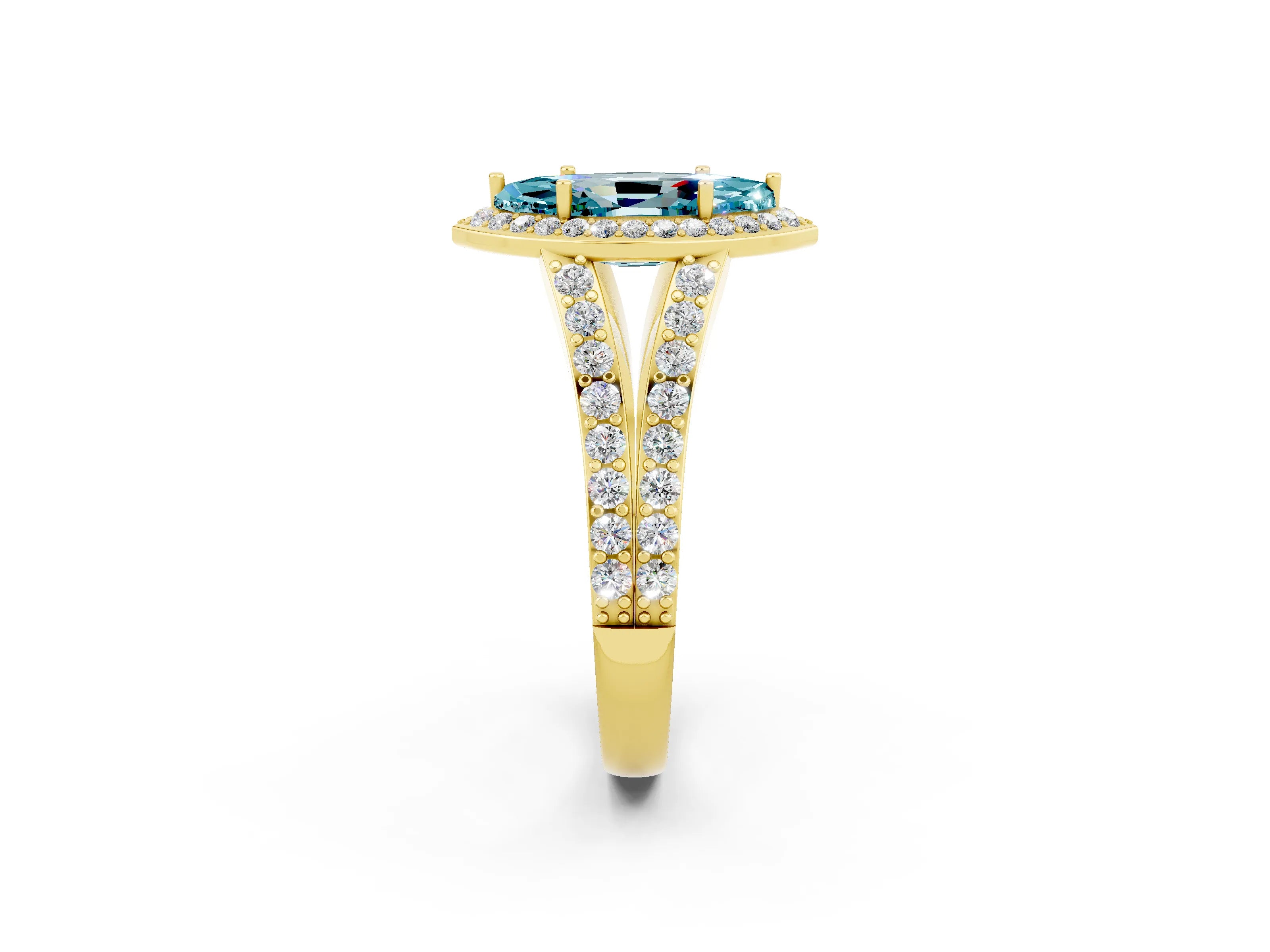 Yellow gold Marquise Cut Blue Topaz Split Shank Halo Ring with Four-Prong Setting_14