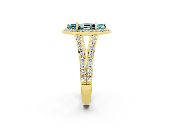Yellow gold Marquise Cut Blue Topaz Split Shank Halo Ring with Four-Prong Setting
