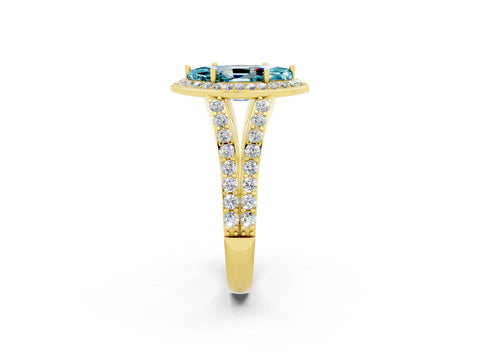 Yellow gold Marquise Cut Blue Topaz Split Shank Halo Ring with Four-Prong Setting_14