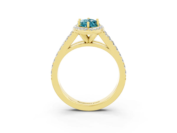 Yellow gold Marquise Cut Blue Topaz Split Shank Halo Ring with Four-Prong Setting