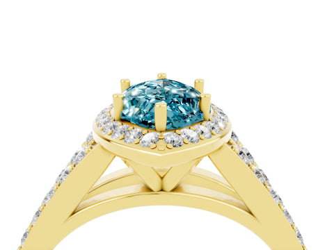 Yellow gold Marquise Cut Blue Topaz Split Shank Halo Ring with Four-Prong Setting_16