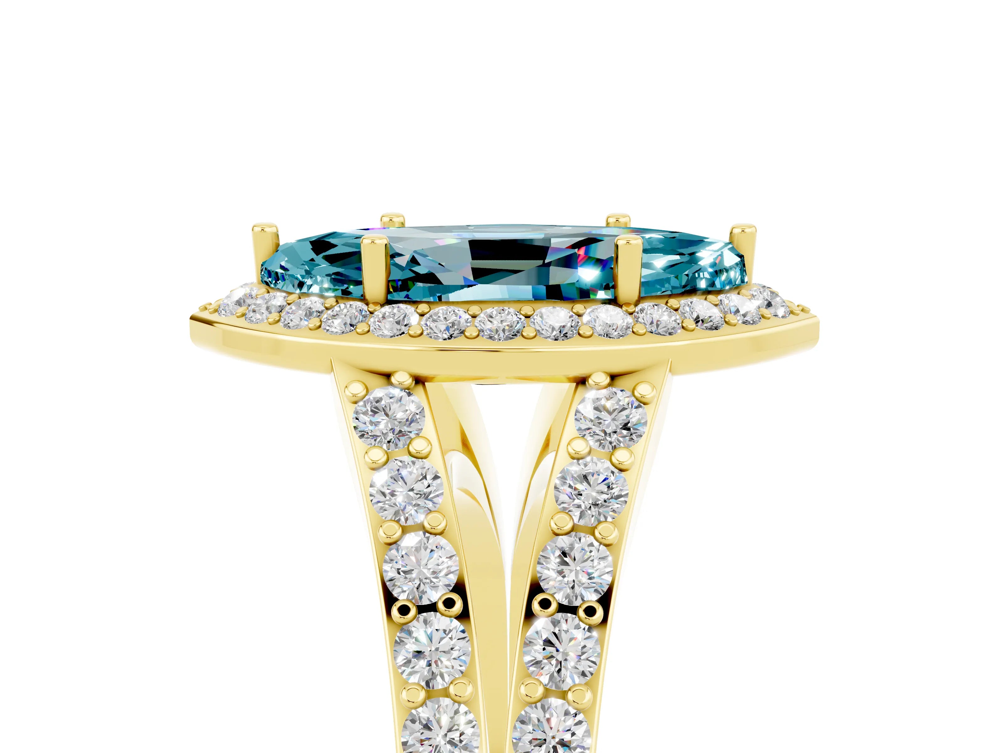 Yellow gold Marquise Cut Blue Topaz Split Shank Halo Ring with Four-Prong Setting_17