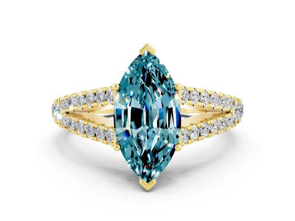 Yellow gold Marquise Cut Blue Topaz Split Shank Pavé Engagement Ring with Four-Prong Setting