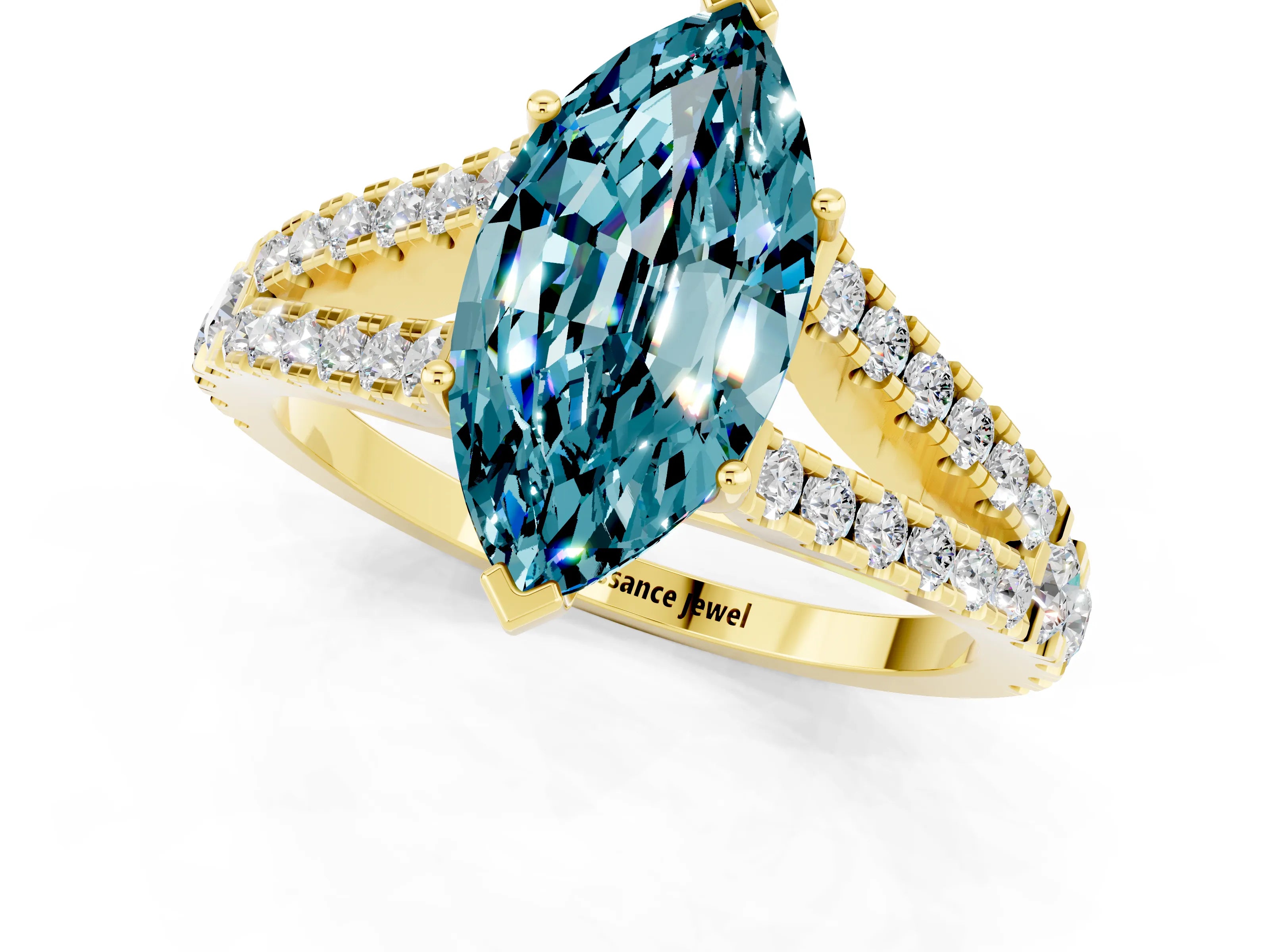Yellow gold Marquise Cut Blue Topaz Split Shank Pavé Engagement Ring with Four-Prong Setting_13