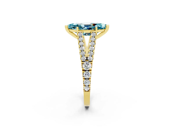 Yellow gold Marquise Cut Blue Topaz Split Shank Pavé Engagement Ring with Four-Prong Setting