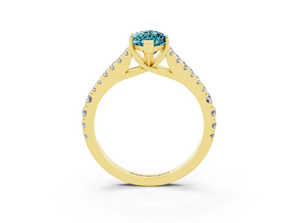 Yellow gold Marquise Cut Blue Topaz Split Shank Pavé Engagement Ring with Four-Prong Setting
