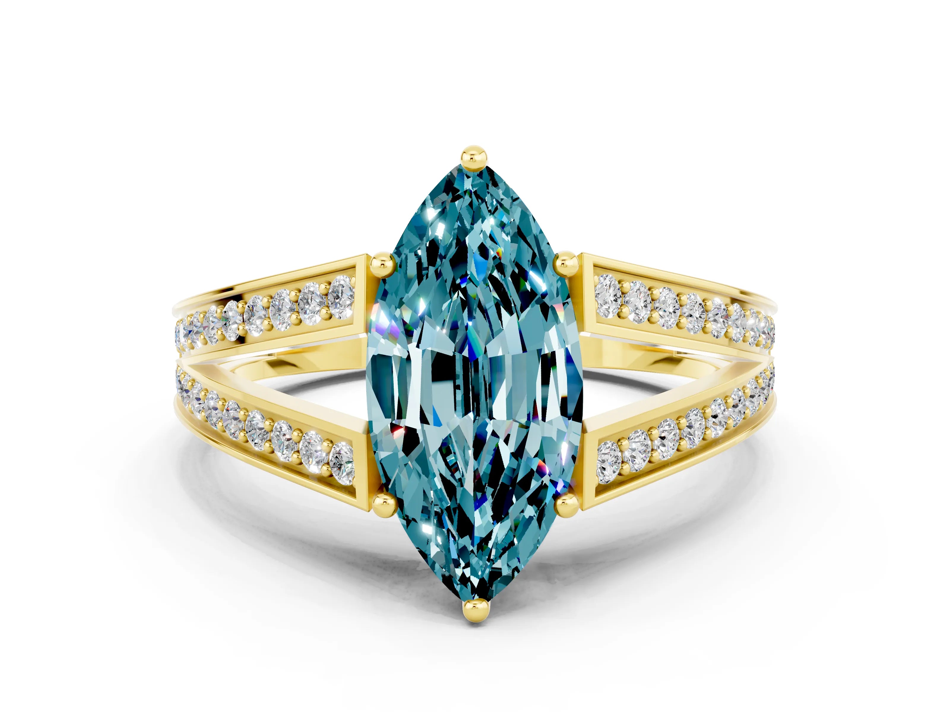 Yellow gold Marquise Cut Blue Topaz Split Shank Ring with Pavé Band and Four-Prong Setting