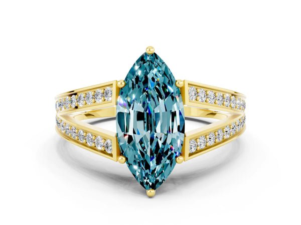 Yellow gold Marquise Cut Blue Topaz Split Shank Ring with Pavé Band and Four-Prong Setting