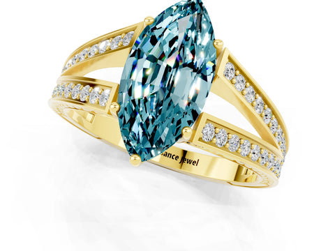 Yellow gold Marquise Cut Blue Topaz Split Shank Ring with Pavé Band and Four-Prong Setting_1