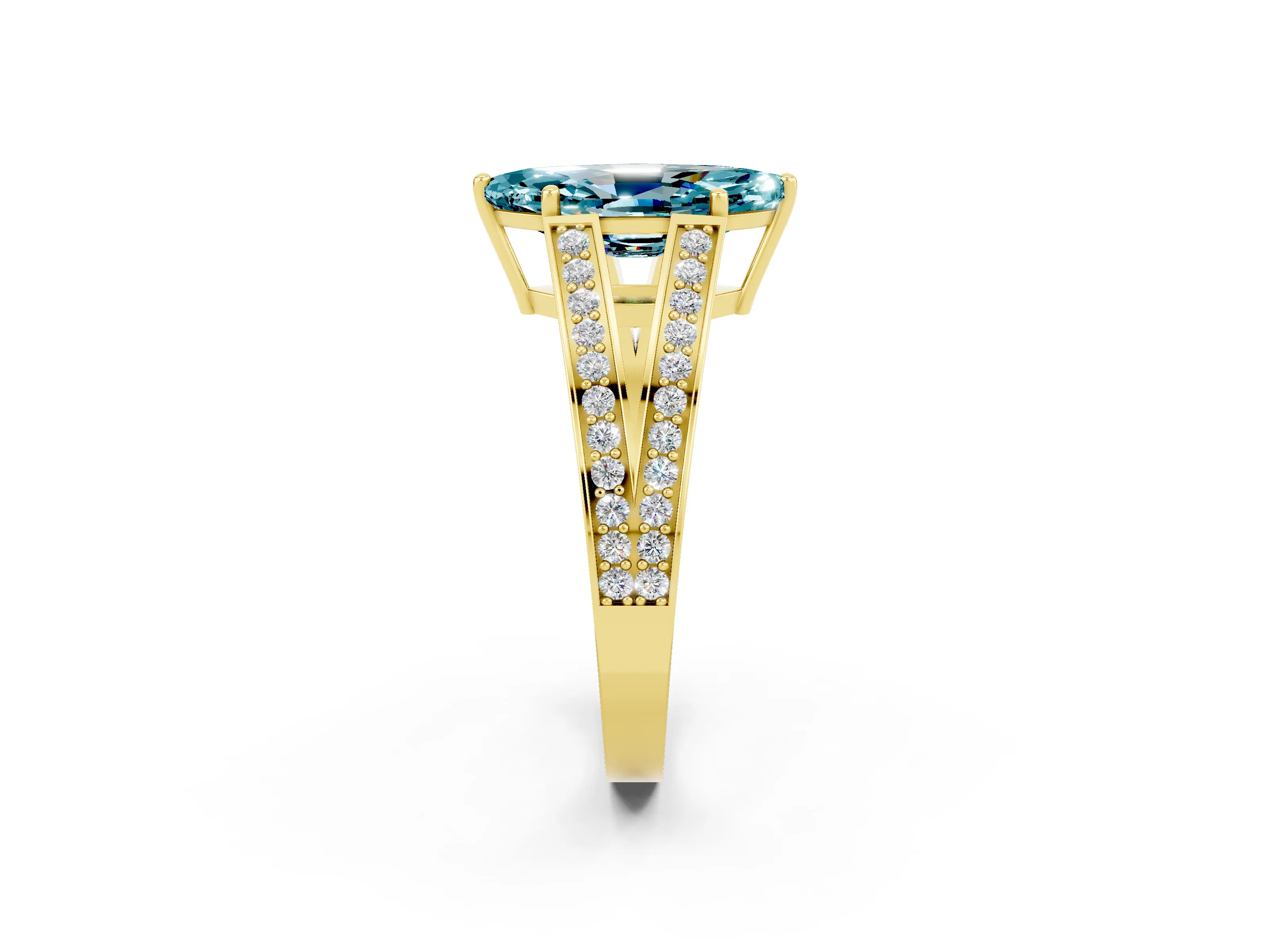 Yellow gold Marquise Cut Blue Topaz Split Shank Ring with Pavé Band and Four-Prong Setting_2