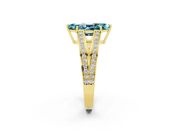 Yellow gold Marquise Cut Blue Topaz Split Shank Ring with Pavé Band and Four-Prong Setting