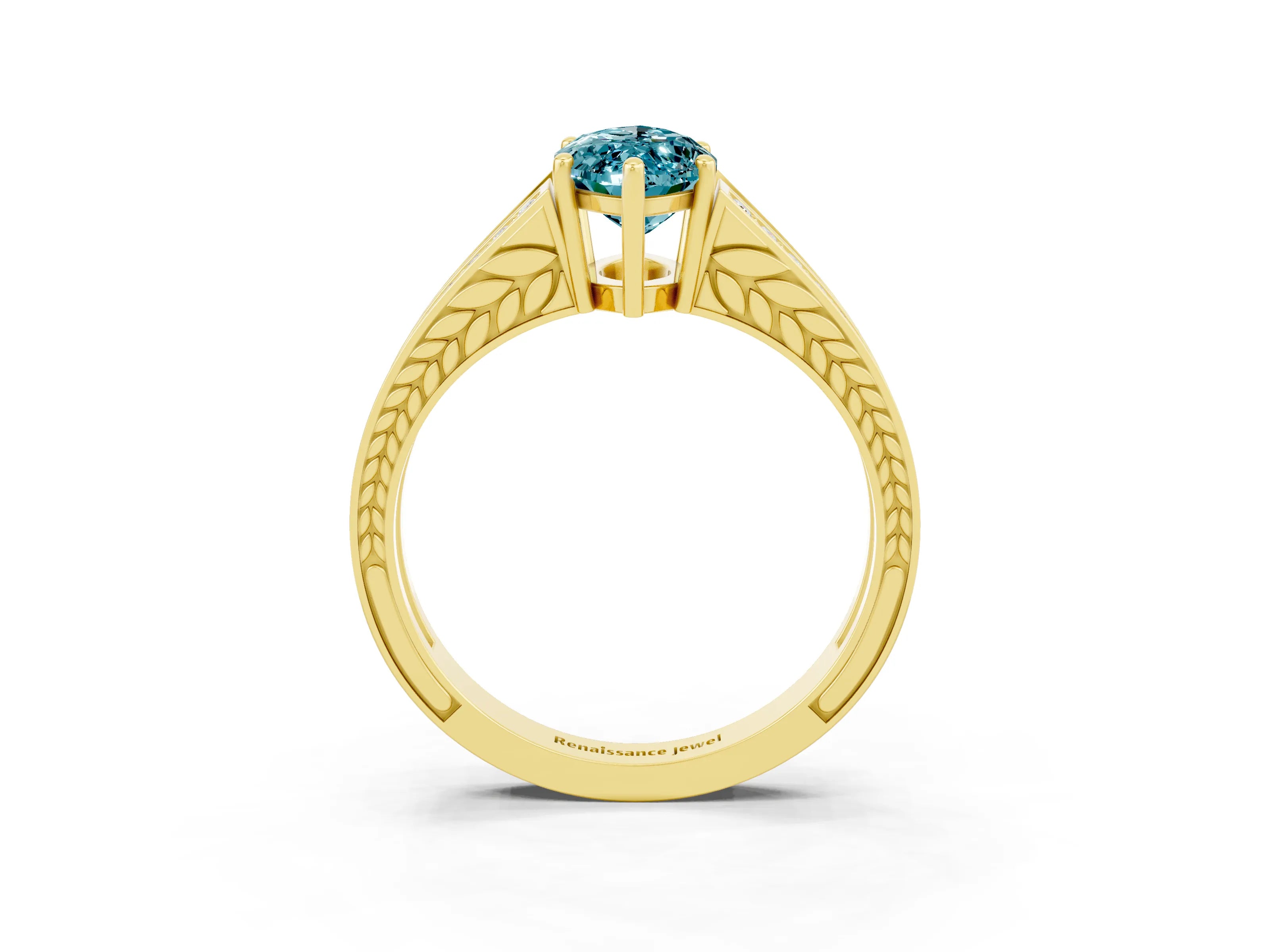 Yellow gold Marquise Cut Blue Topaz Split Shank Ring with Pavé Band and Four-Prong Setting_3