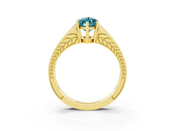 Yellow gold Marquise Cut Blue Topaz Split Shank Ring with Pavé Band and Four-Prong Setting