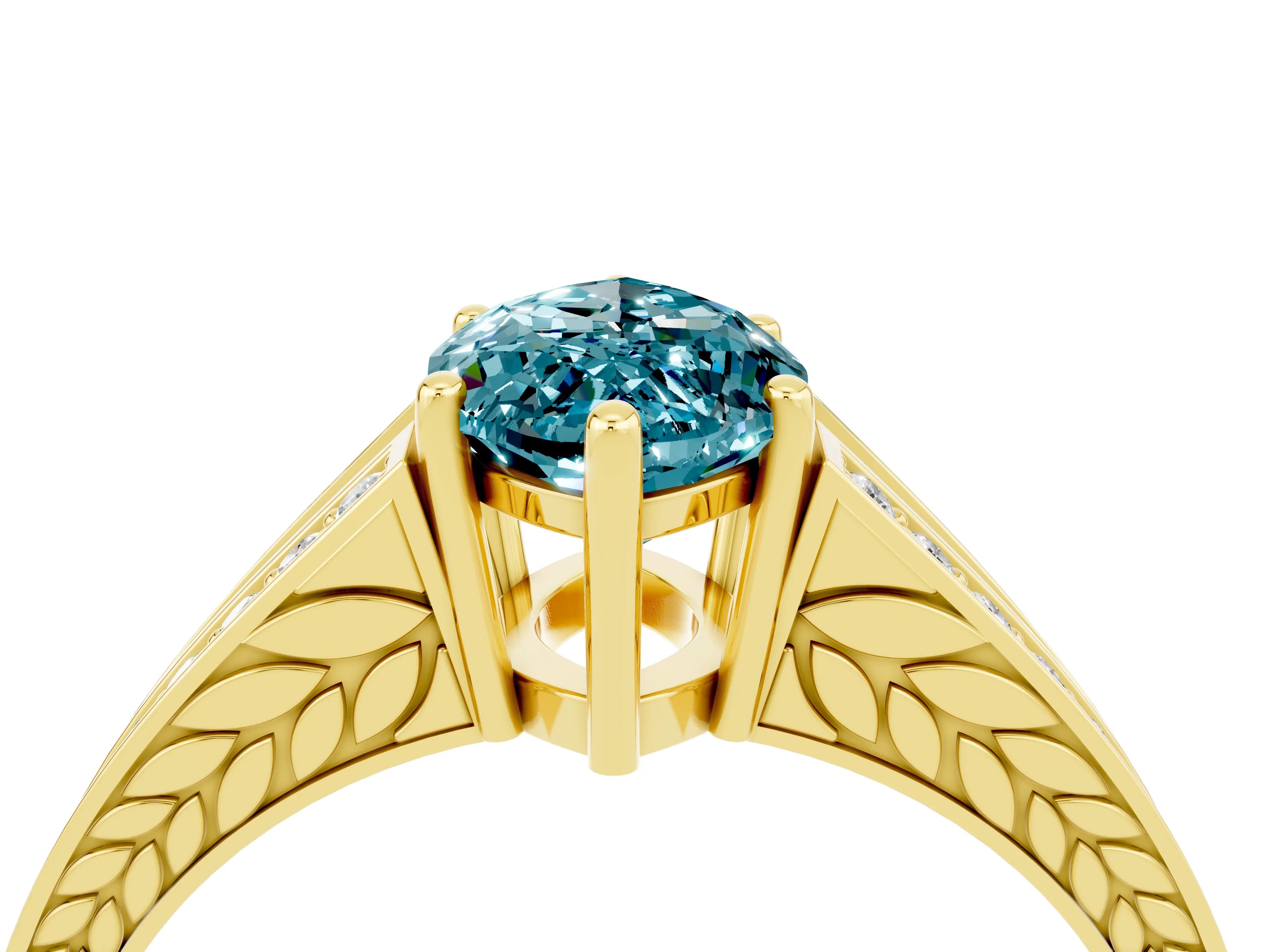 Yellow gold Marquise Cut Blue Topaz Split Shank Ring with Pavé Band and Four-Prong Setting_4