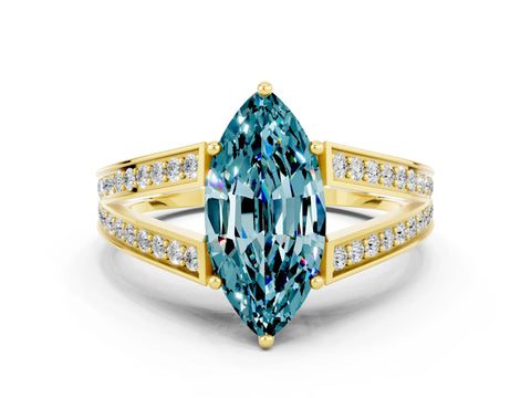Yellow gold Marquise Cut Blue Topaz Split Shank Ring with Pavé Band and Four-Prong Setting