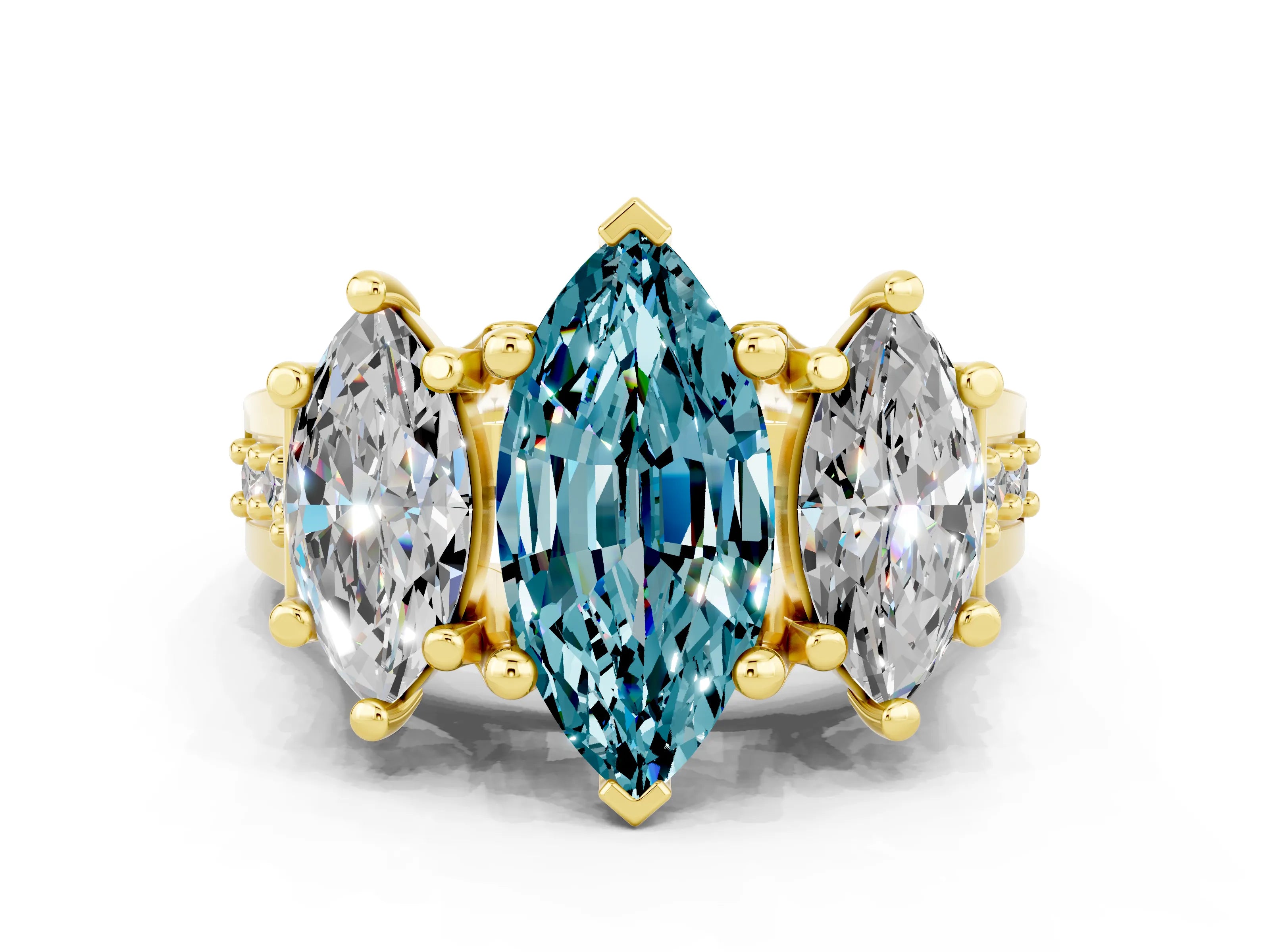 Yellow gold Marquise Cut Blue Topaz Three-Stone Ring with Channel Set Band and Four-Prong Setting