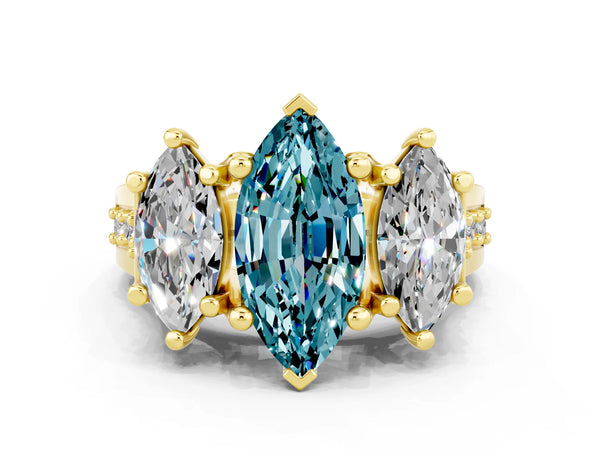 Yellow gold Marquise Cut Blue Topaz Three-Stone Ring with Channel Set Band and Four-Prong Setting