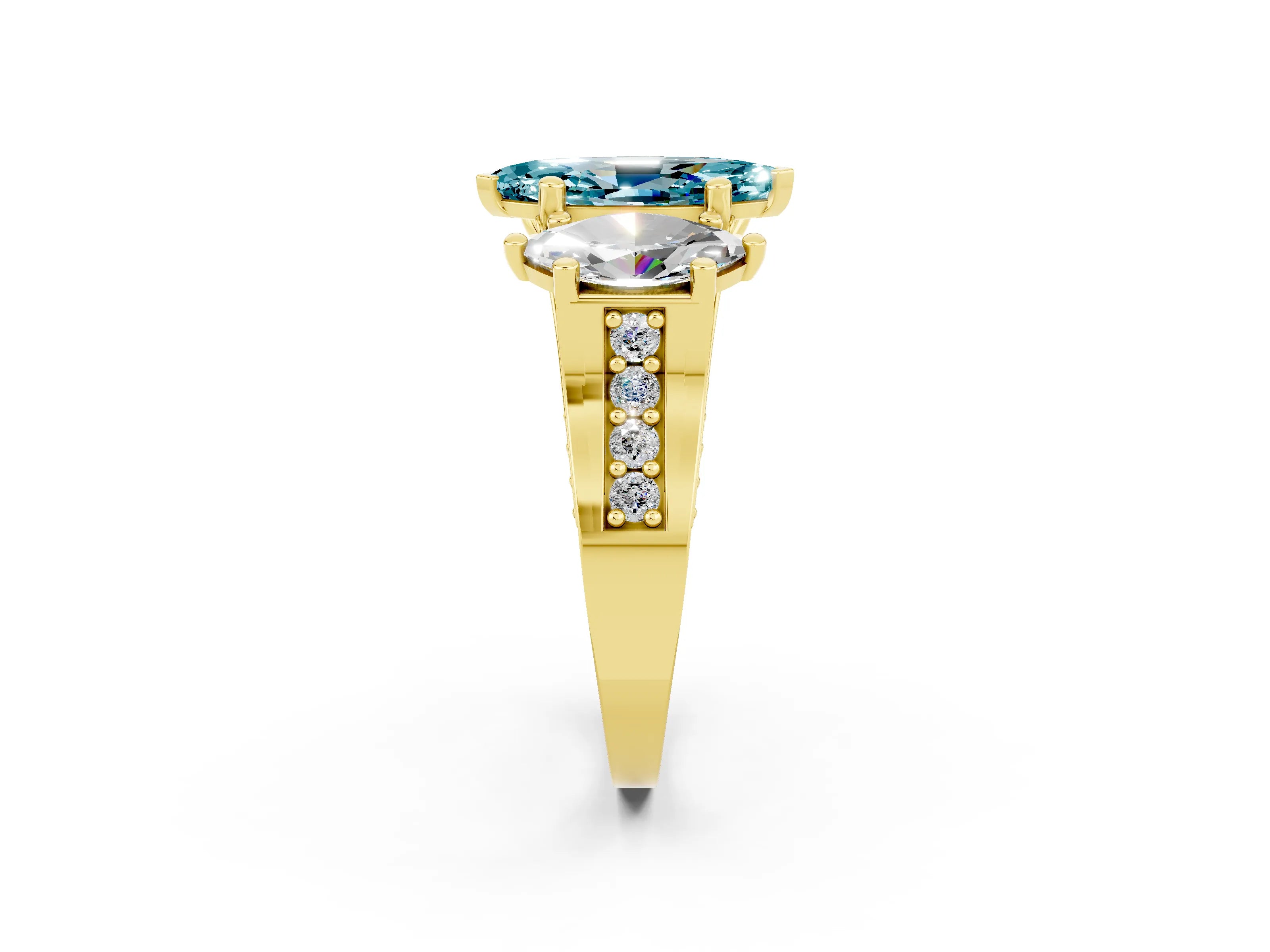 Yellow gold Marquise Cut Blue Topaz Three-Stone Ring with Channel Set Band and Four-Prong Setting_2