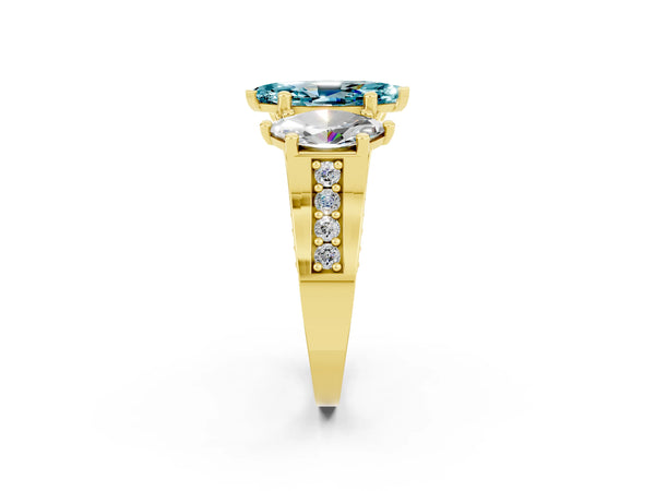 Yellow gold Marquise Cut Blue Topaz Three-Stone Ring with Channel Set Band and Four-Prong Setting