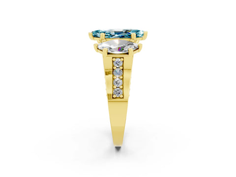Yellow gold Marquise Cut Blue Topaz Three-Stone Ring with Channel Set Band and Four-Prong Setting_2