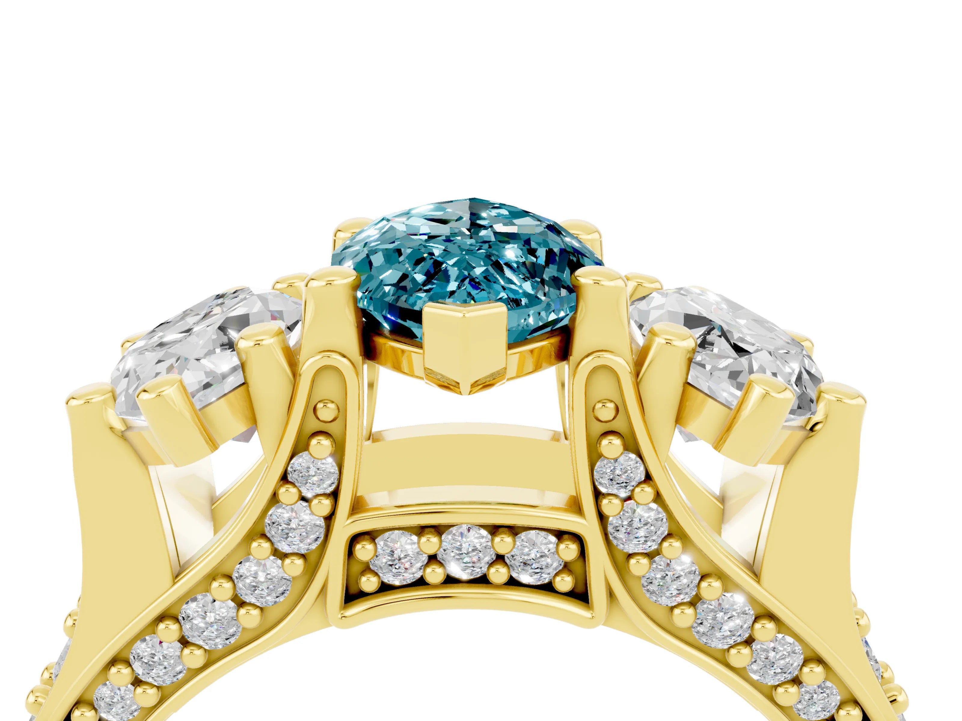 Yellow gold Marquise Cut Blue Topaz Three-Stone Ring with Channel Set Band and Four-Prong Setting_4