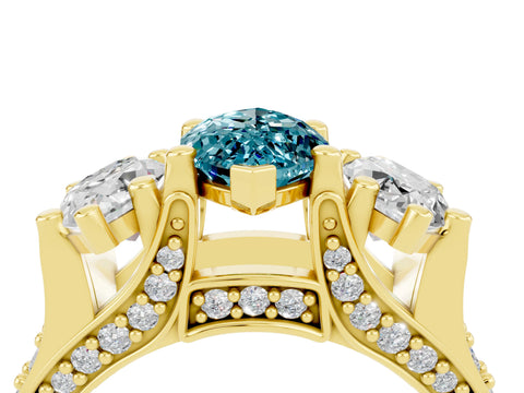 Yellow gold Marquise Cut Blue Topaz Three-Stone Ring with Channel Set Band and Four-Prong Setting_4